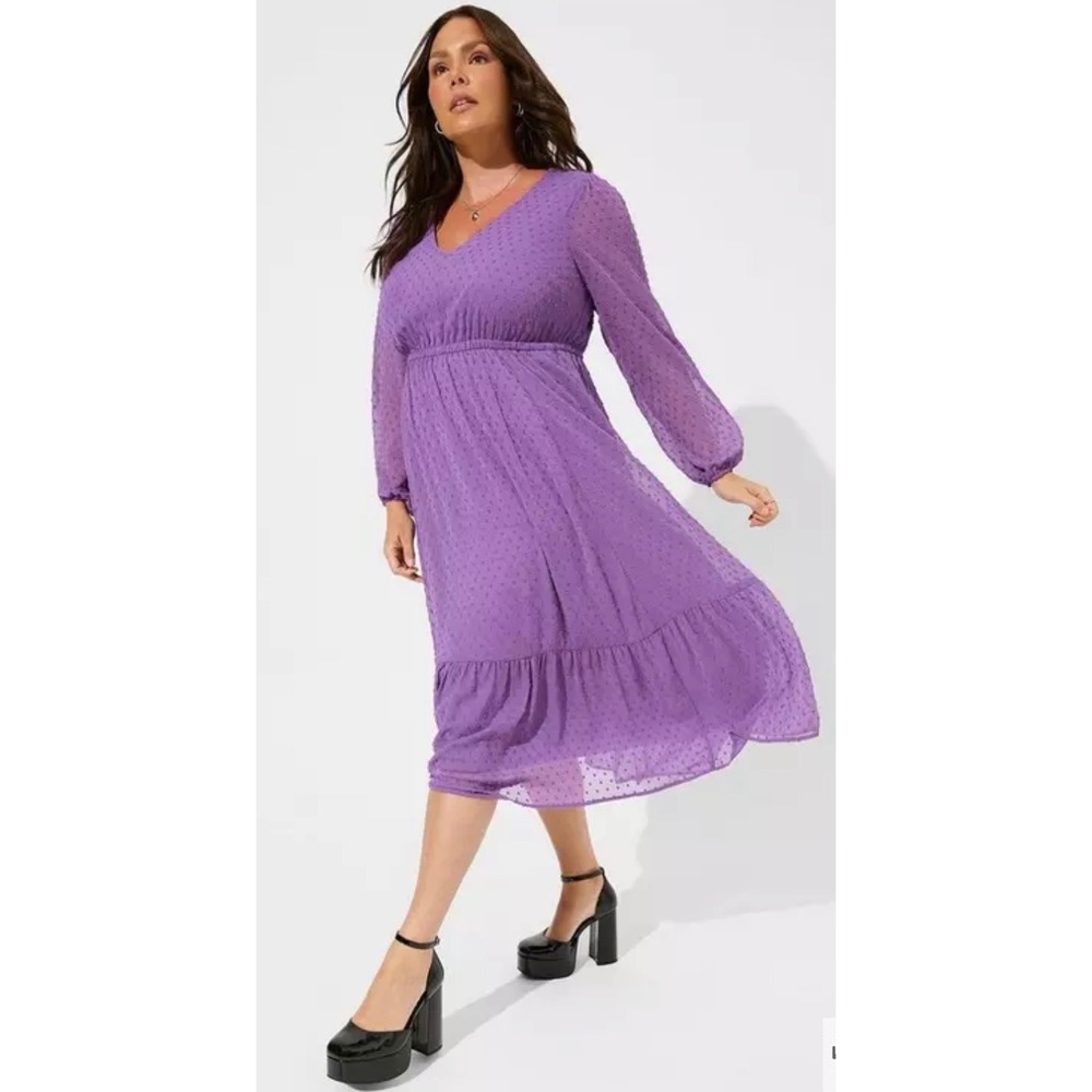 Torrid 1 Purple Clip Dot V Neck Open‎  Back Midi A Line Dress Plus Size 1x 14 16